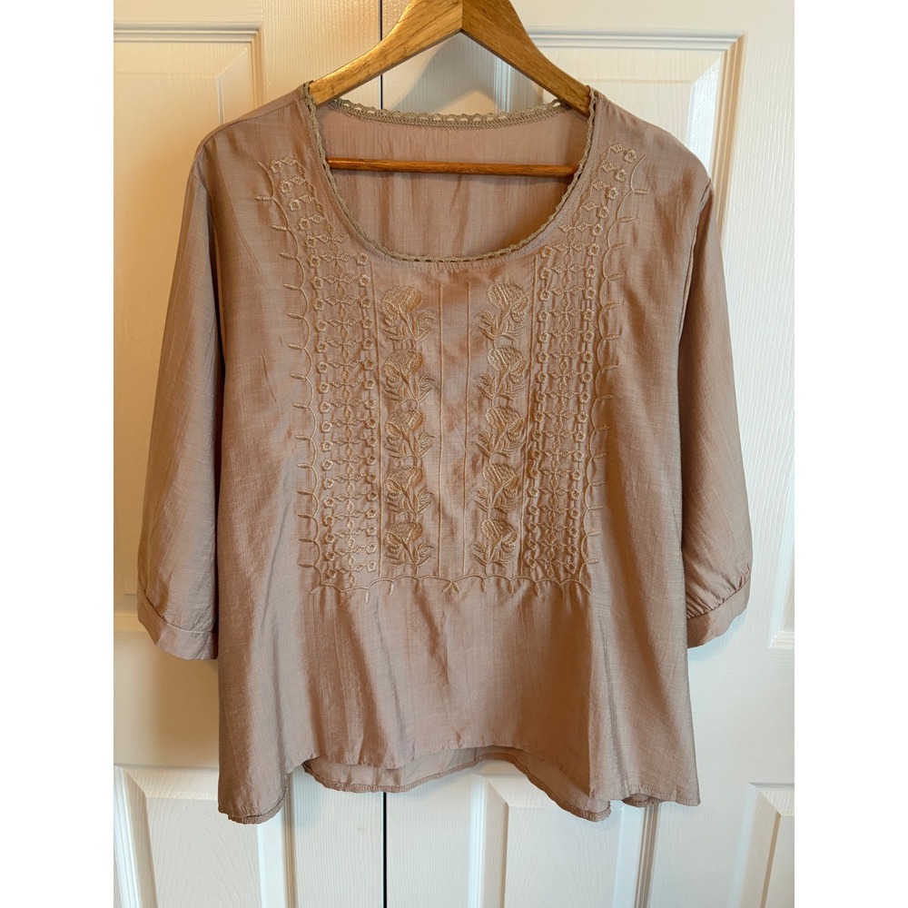 Womens Boho Embroidered Pintuck Blouse 3/4 Sleeve Taupe Mauve Top Plus Size
